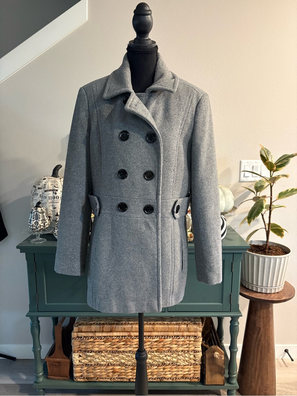 Calvin Klein Gray Double-Breasted Wool Peacoat